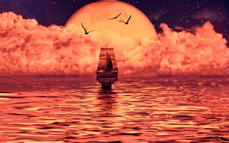 Download Wallpapers Sailboat Moon Fog Sea Abstract Nightscapes