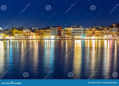 Old Town Of Chania City At Night Crete Stock Photo Image Of Blue