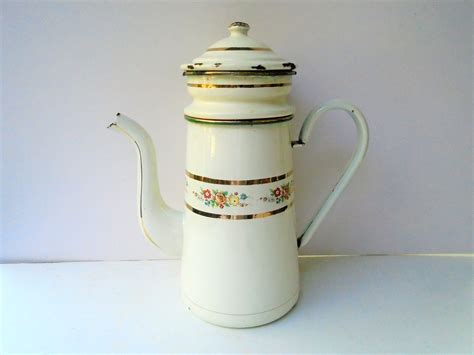 Beautiful Vintage French Enamel Coffee Pot Percolator White Etsy French Enamel Percolator
