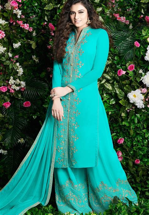 Sky Blue Georgette Embroidered Palazzo Style Pakistani Suit 30004 A Line Skirt Outfits