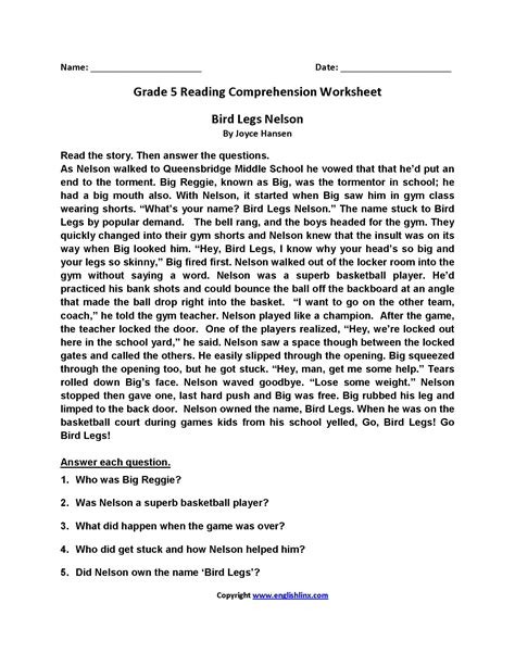 Grade 5 Reading Comprehension Worksheets Pdf Db
