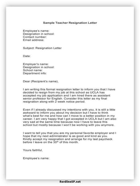 Teacher Resignation Letter Sample And Template Redlinesp