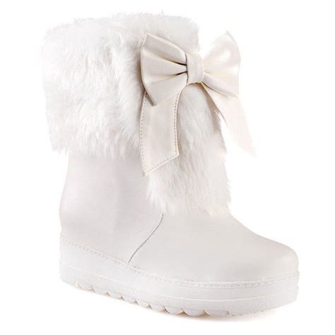 [41 Off] 2021 Fuzzy Bowknot Pu Leather Platform Boots In White Dresslily