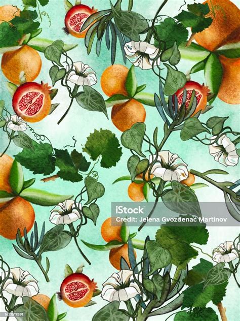 Illustration Of Oranges Herbs Pomegranate On The Green Blue Background