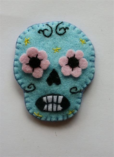 Sugar Skull Felt Embroidered Brooch Day Of The Dead Blue And Purple