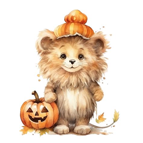 Digital Painting Watercolor Halloween Lion With Pumpkin Costum Festive