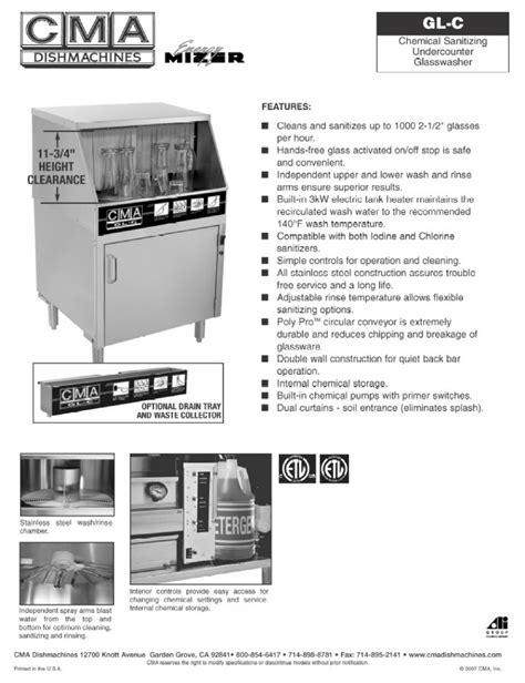 Cma Dishmachines Cma Gl C Dishwasher Specifications Manualslib