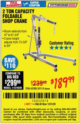 The latest ones are on nov 26, 2020 9 new harbor freight 2 ton crane coupon results have been found in the last 90 note: January 2020 Coupon Book - 136 Coupons - Harbor Freight ...
