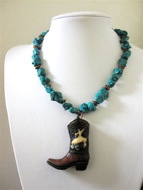 Cowboy Boot Necklace Western Jewelry Chunky Turquoise Blue