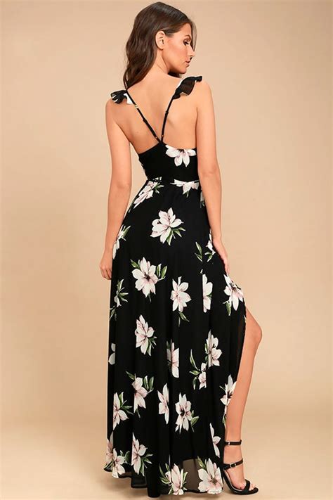 Lovely Black Floral Print Dress Wrap Dress High Low Dress