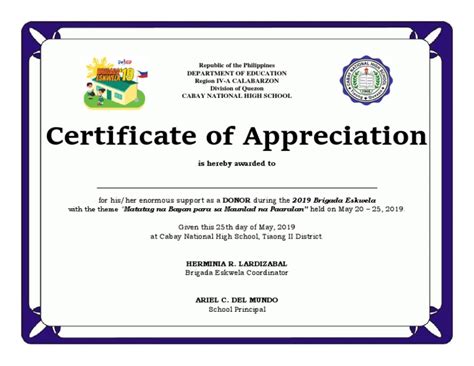2019 Brigada Eskwela Certificate For Donor Pdf