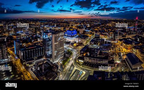 Birmingham Uk Aerial From Drone At Sunset Night Includes Library