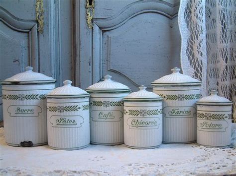Reserved For M Antique French Enamel Kitchen Canister Set White