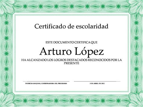 Certificado De Escolaridad Borde Formal Verde Formatos De Diplomas