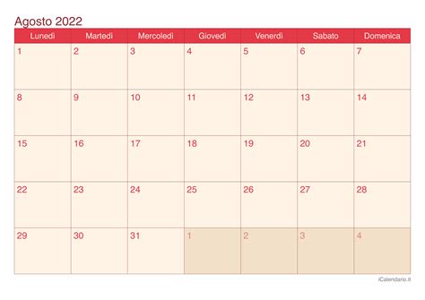 Calendario Agosto 2022 Da Stampare Icalendarioit