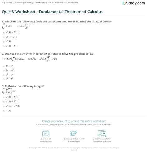 Quiz And Worksheet Fundamental Theorem Of Calculus