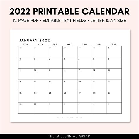 2022 Calendar Printable 2022 Calendar Template 2022 Etsy