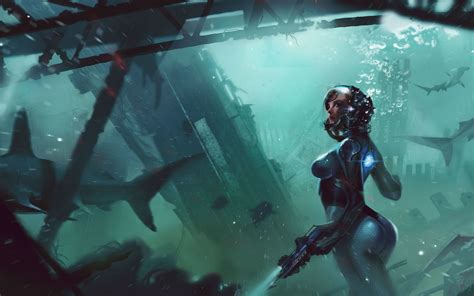Artwork Digital Art Futuristic Science Fiction Shark Underwater