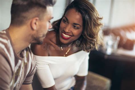 Mixed Race Couple Having Fun At The Coffee Shop Stock Image Image Of Mobile Happy 110156073