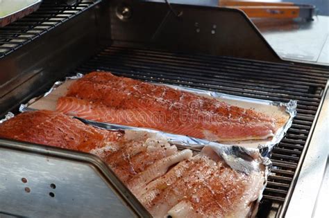 Lightly oil a length of tin foil large enough to take a piece of salmon with a 2inch overlap all round. Grilled Salmon On The Flaming Grill. Fresh Raw Salmon ...