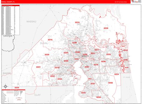 Duval County Fl Zip Code Wall Map Red Line Style By Marketmaps