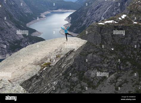 Trolltunga Tourist Famous Trolls Tongue Pulpit Rock In Norway Stock