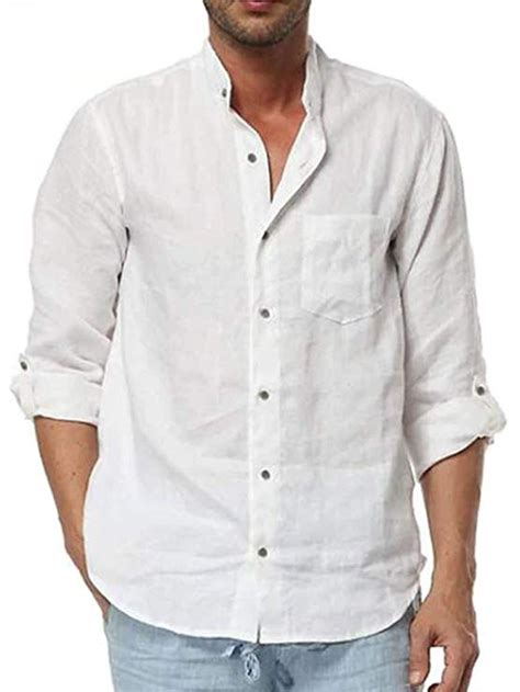 Mens Linen Shirt Casual Button Down Long Sleeve Cotton Curved Hem