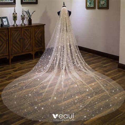 Sparkly Stunning Gold Wedding Veils 2020 Tulle Star Sequins Glitter