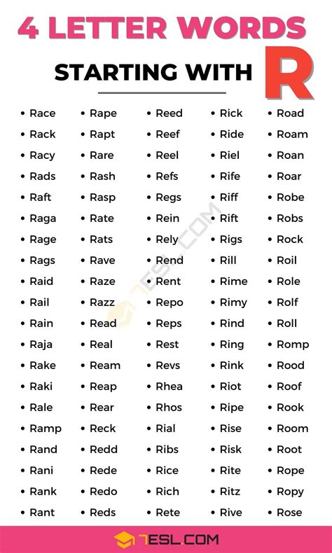 4 Letter Words Starting With R List Of 130 Four Letter Words