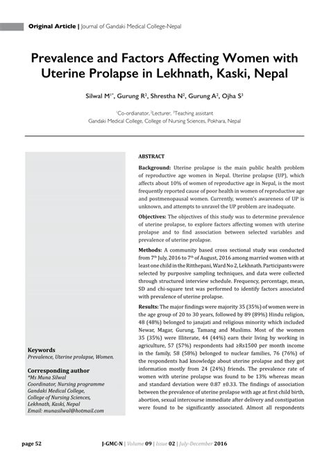 Pdf Prevalence And Factors Affecting Women With Uterine Prolapse In Lekhnath Kaski Nepal