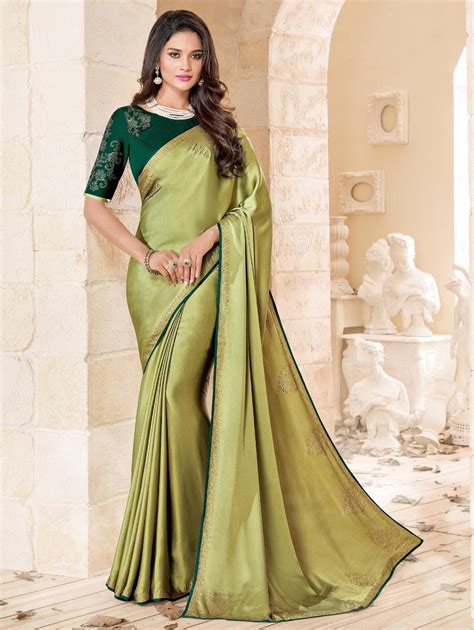 Green Satin Silk Saree With Stone Work Saaf9957 Saree Designs Silk Satin Saree