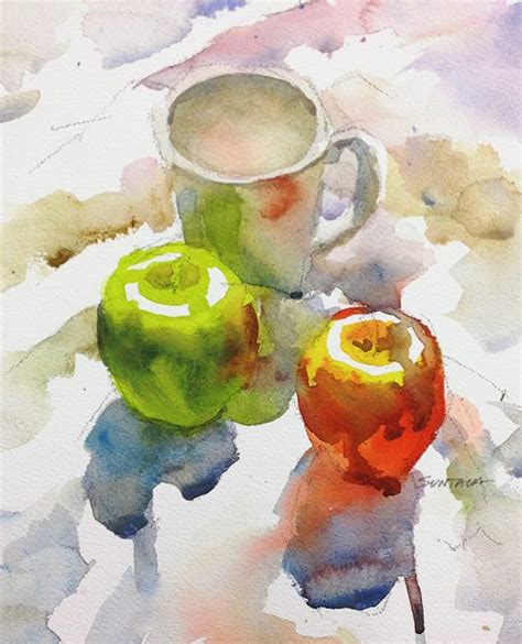 Still Life With Mug And Two Apples Watercolor Fruit Fruit Painting