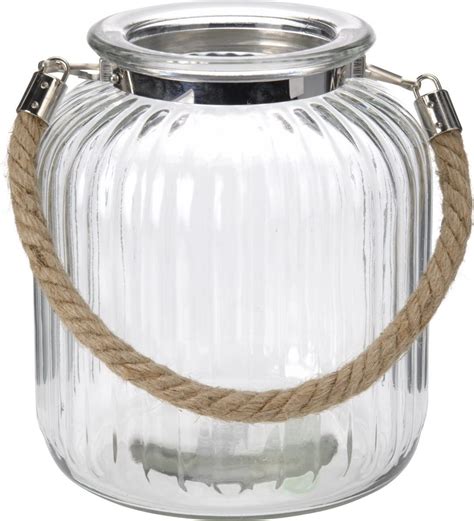 Large Ribbed Glass Hanging Lantern Rope Handle Nautical Candle Tea
