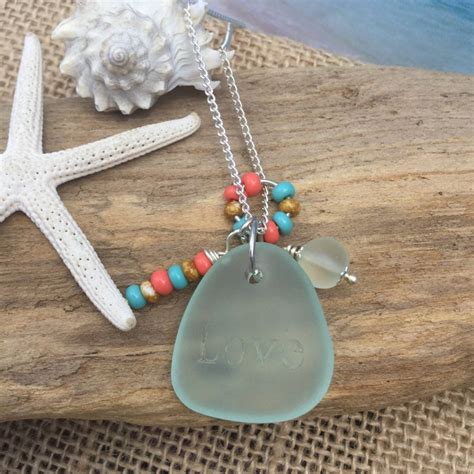 Engraved Love Sea Glass Necklace Coke Bottle Beach Glass