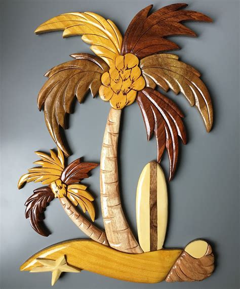 Woodworking Intarsia Palm Treewood Carvingunique Wooden Art