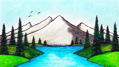 How To Draw Beautiful Mountain Lake Easy Scenery Drawing Youtube