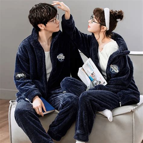 Winter Couple Pajamas Men Pajama Sets Double Sides Flannel Thick Warm Pijama Fashion Embroidery