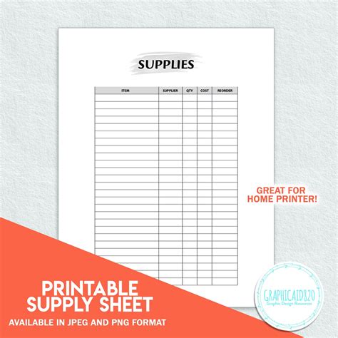 Supply Sheet Template Simple Printable Inventory Log Small Etsy