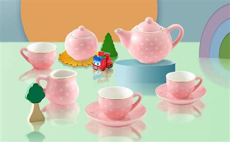 Toy Tea Sets 13 Pcs Porcelain Tea Sets For Girls Pastel Polka Dots Mini Kitchen Tea
