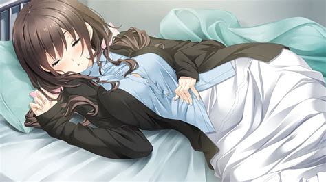 anime girl with brown hair sleeping in a bed