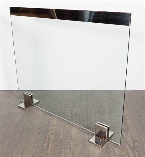 Custom Modern Tempered Glass Fire Screen With Polished Nickel Strip And Feet For Sale At 1stdibs