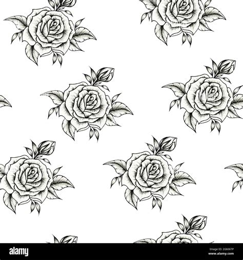 Black And White Rose Flower Seamless Pattern On White Botanical