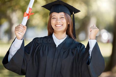 graduation university diploma and woman celebrate on campus with smile for ceremony award and