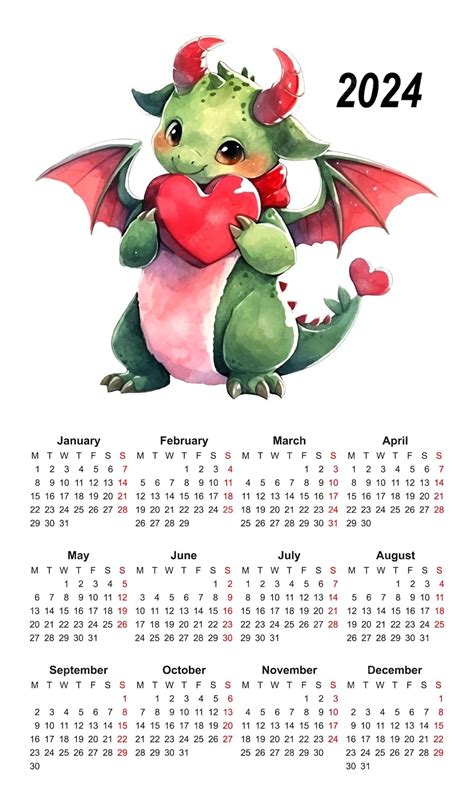 Календарь 2024 дракон акварель китайский шаблон Премиум векторы