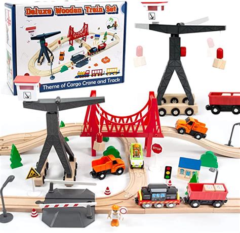 Buy Wood City Wooden Train Set 56 Piece Deluxe Kids Toy Train Set For