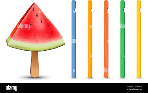Set Of Realistic Popsicle Sticks Watermelon Piece On Popsicle Stick
