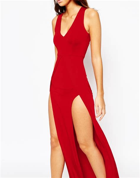 Naanaa Synthetic Deep Plunge Sexy Maxi Dress With Double Thigh Split In