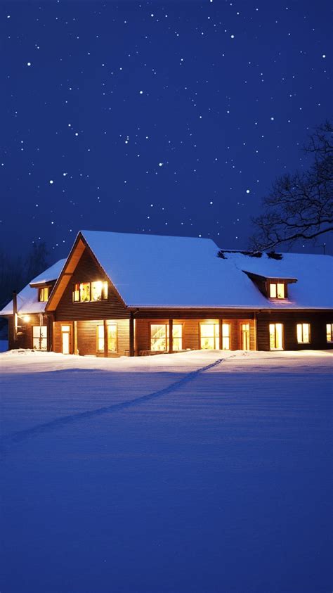 Wallpaper Snow House Lights Stars Night Trees Winter Christmas
