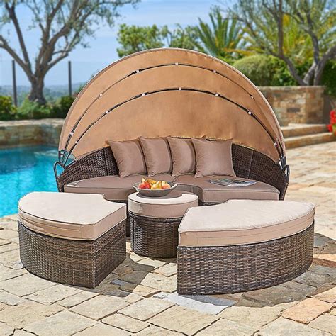 Suncrown 5 Piece Outdoor Round Canopy Daybed Patio Brown Wicker