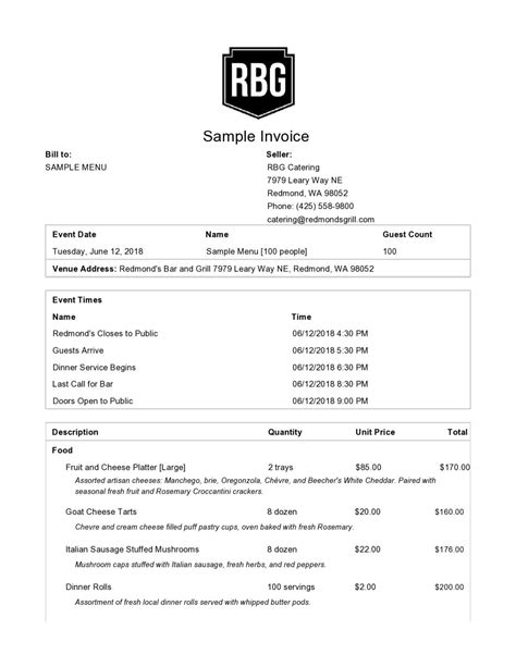 Sample Catering Invoice Template